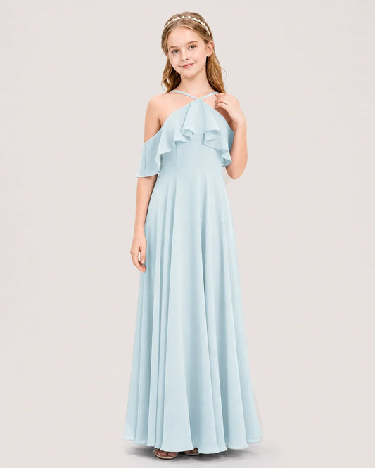 Dideyttawl Cold Shoulder Halter Chiffon Junior Bridesmaid Dress