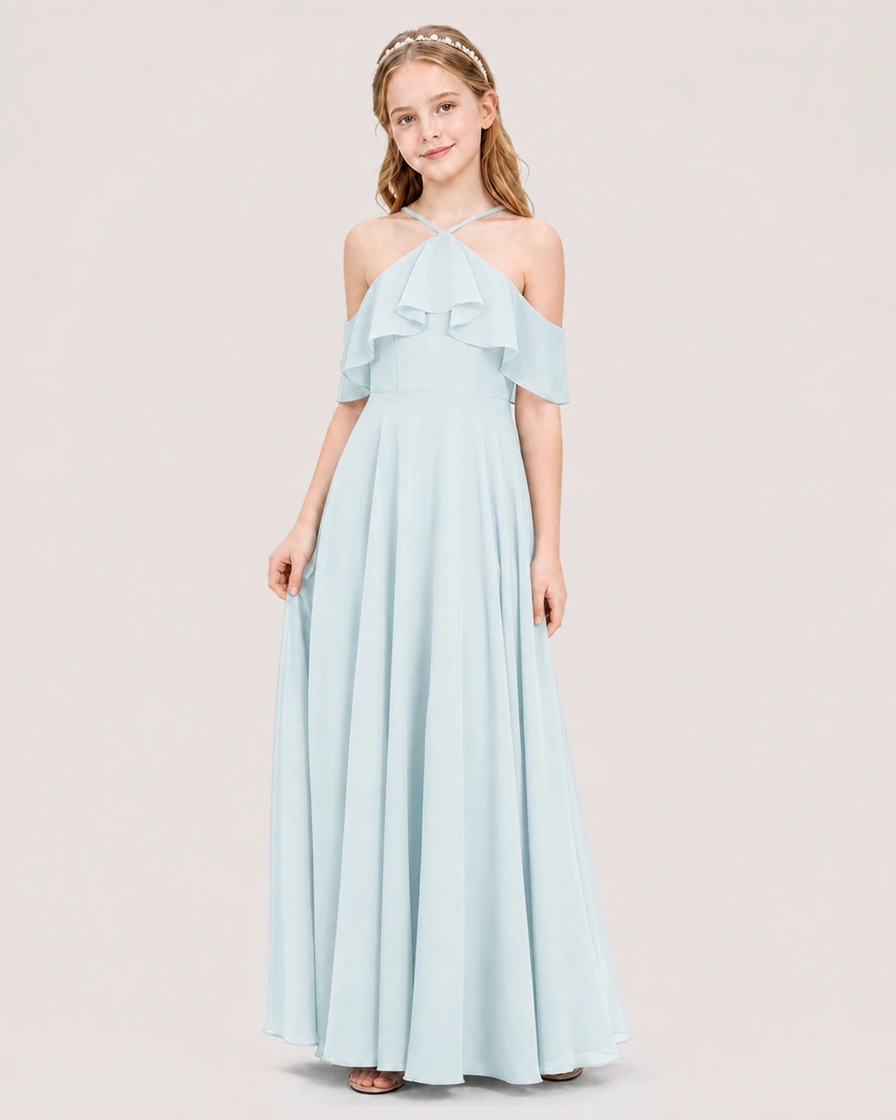 Baby Blue Chiffon Halter Cold Shoulder Junior Bridesmaid Dresses Side View