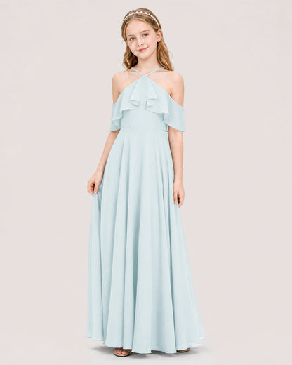 Baby Blue Chiffon Halter Cold Shoulder Junior Bridesmaid Dresses Side View