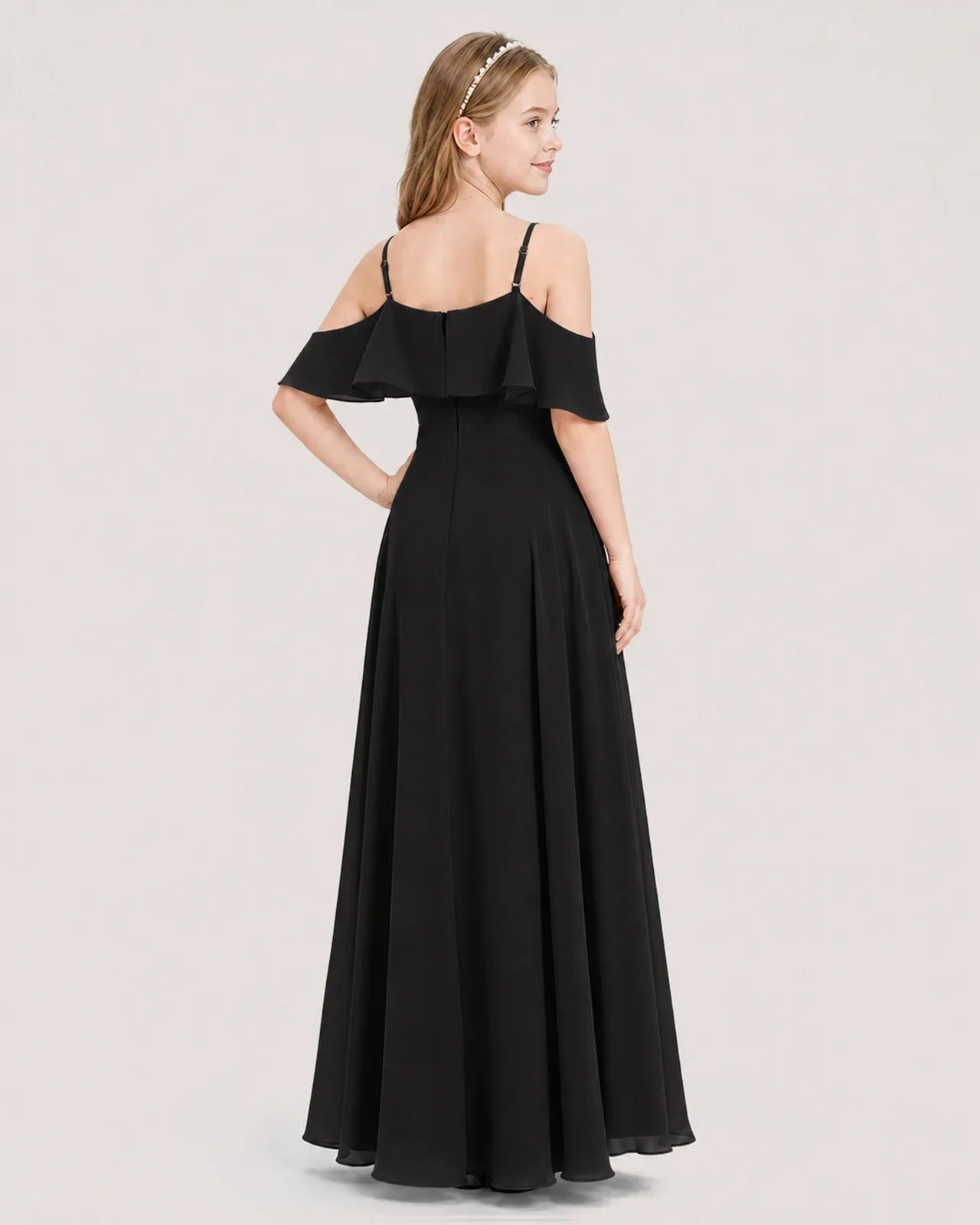 Black chiffon off-the-shoulder junior bridesmaid dress Back View