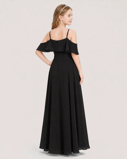 Black chiffon off-the-shoulder junior bridesmaid dress Back View