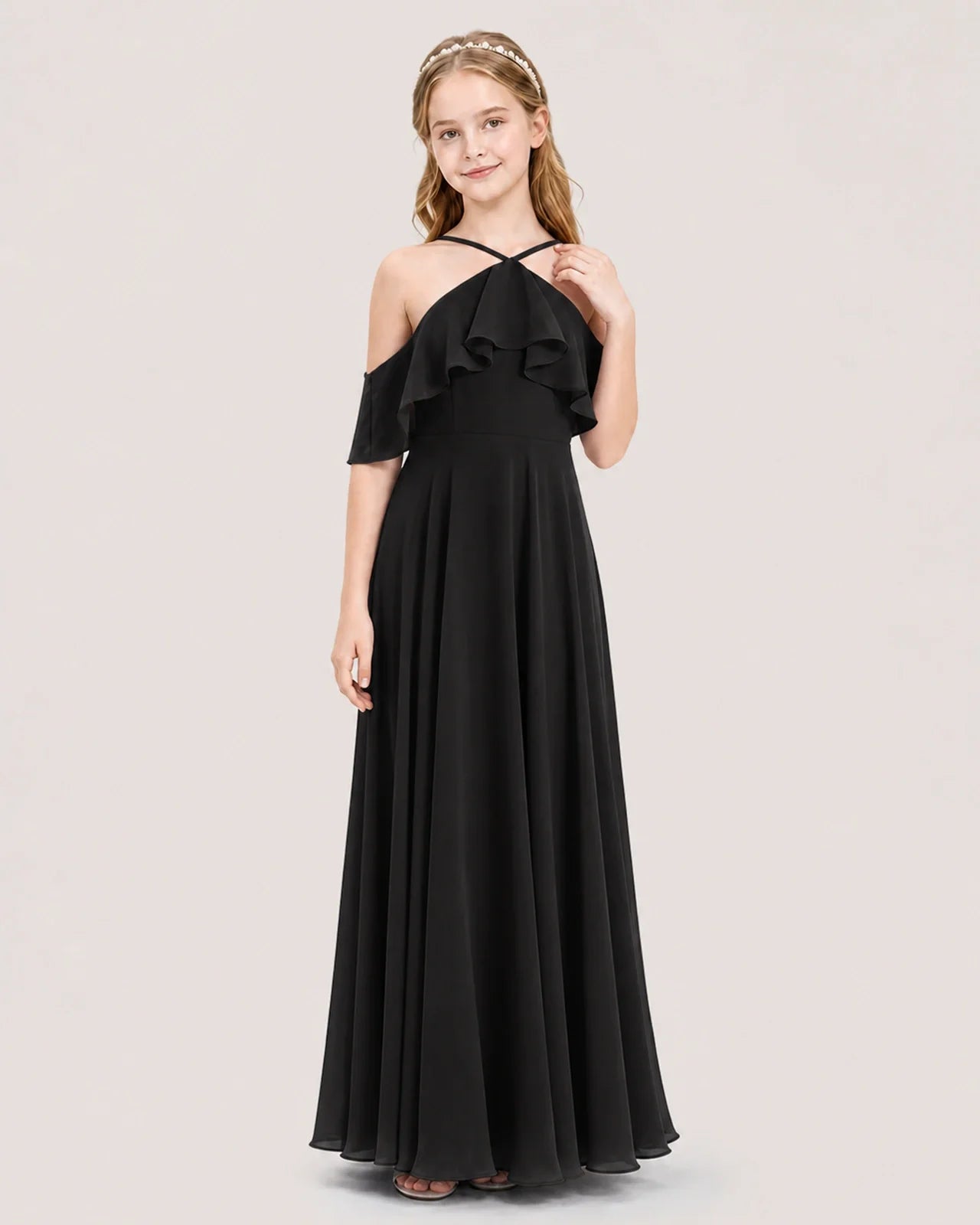 Black Chiffon Halter Ruffle Junior Bridesmaid Dresses Front View