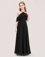 Black Chiffon Halter Ruffle Junior Bridesmaid Dresses Front View