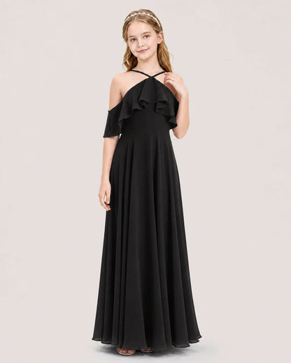 Black Chiffon Halter Ruffle Junior Bridesmaid Dresses Front View
