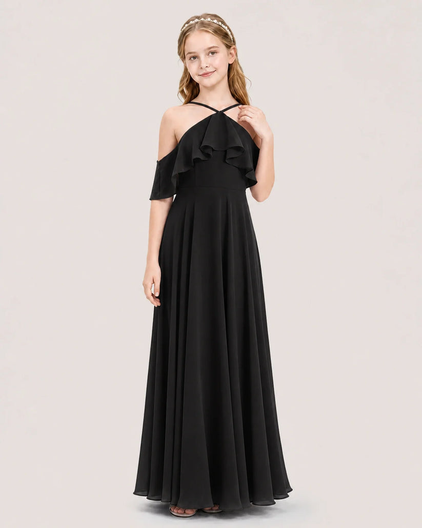 Black Chiffon Halter Ruffle Junior Bridesmaid Dresses Front View