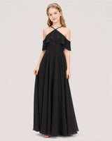 Black Chiffon Halter Cold-Shoulder Junior Bridesmaid Dresses Side View