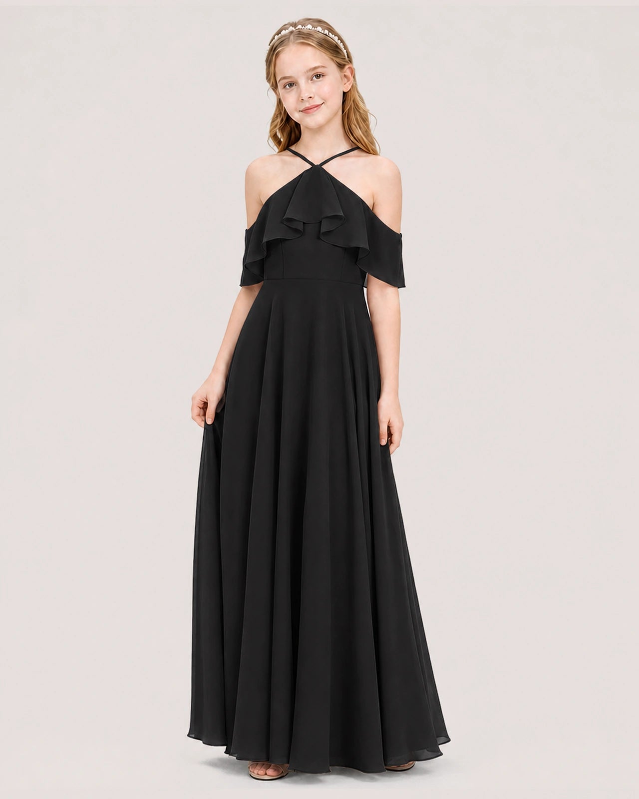 Black Chiffon Halter Cold-Shoulder Junior Bridesmaid Dresses Side View
