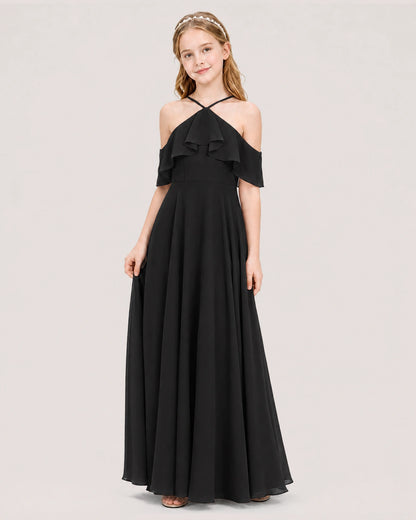 Black Chiffon Halter Cold-Shoulder Junior Bridesmaid Dresses Side View