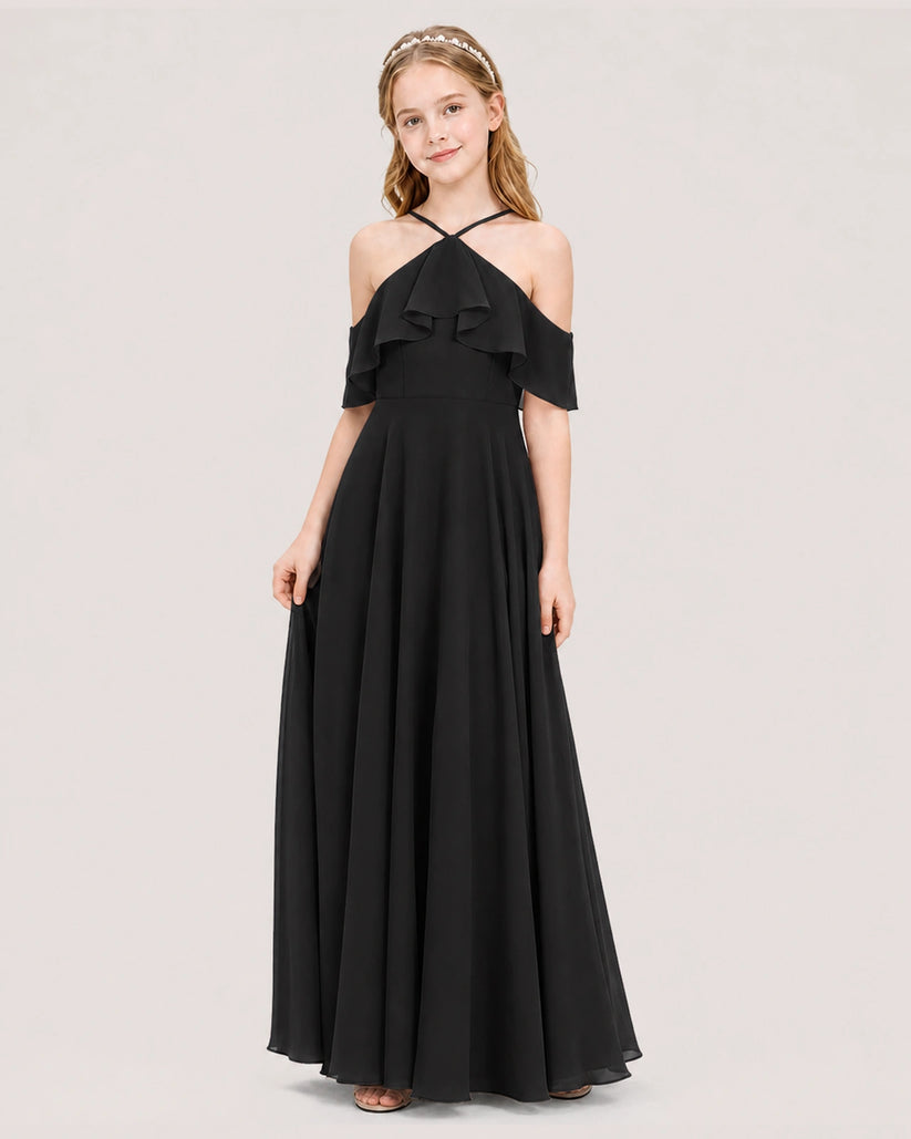 Black Chiffon Halter Cold-Shoulder Junior Bridesmaid Dresses Side View