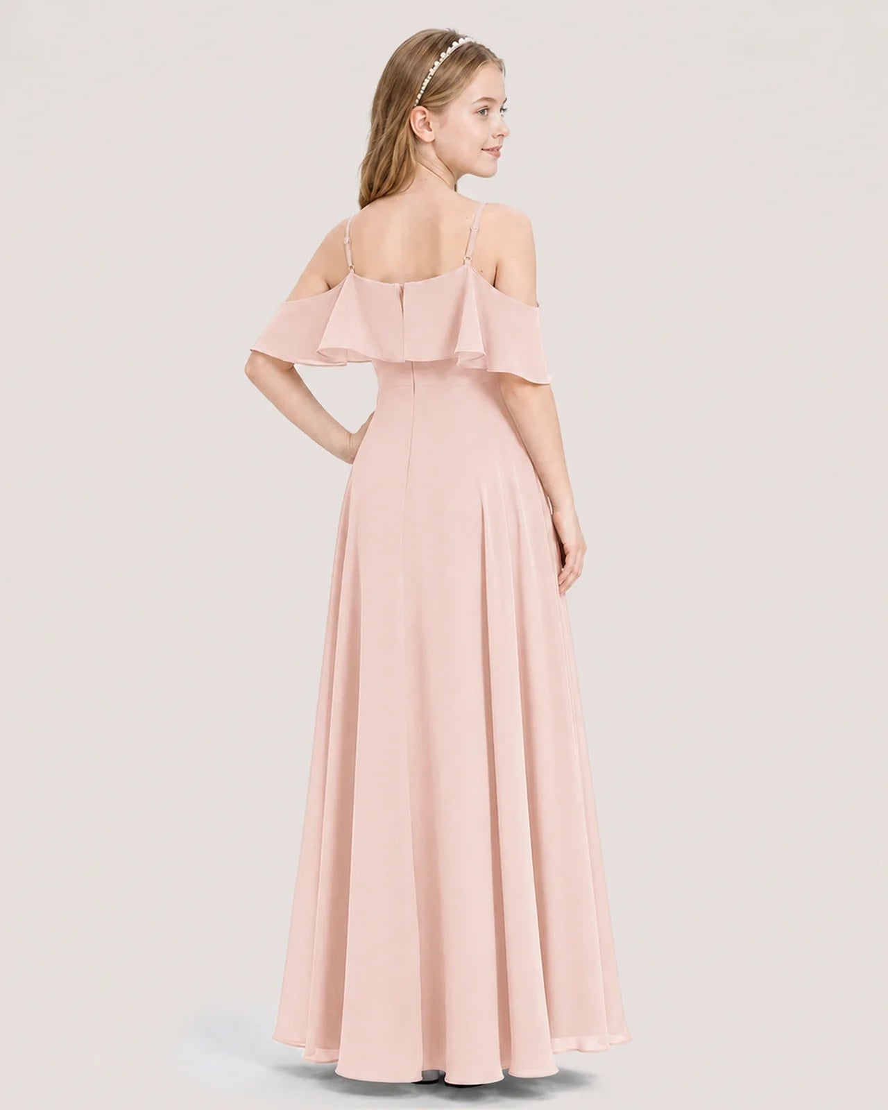 Blush Pink Chiffon Cold Shoulder A-Line Junior Bridesmaid Dresses Back View