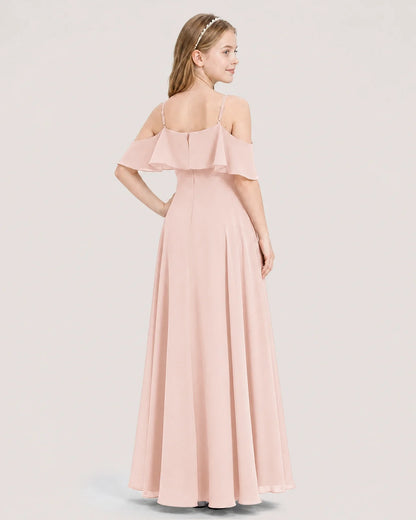 Blush Pink Chiffon Cold Shoulder A-Line Junior Bridesmaid Dresses Back View