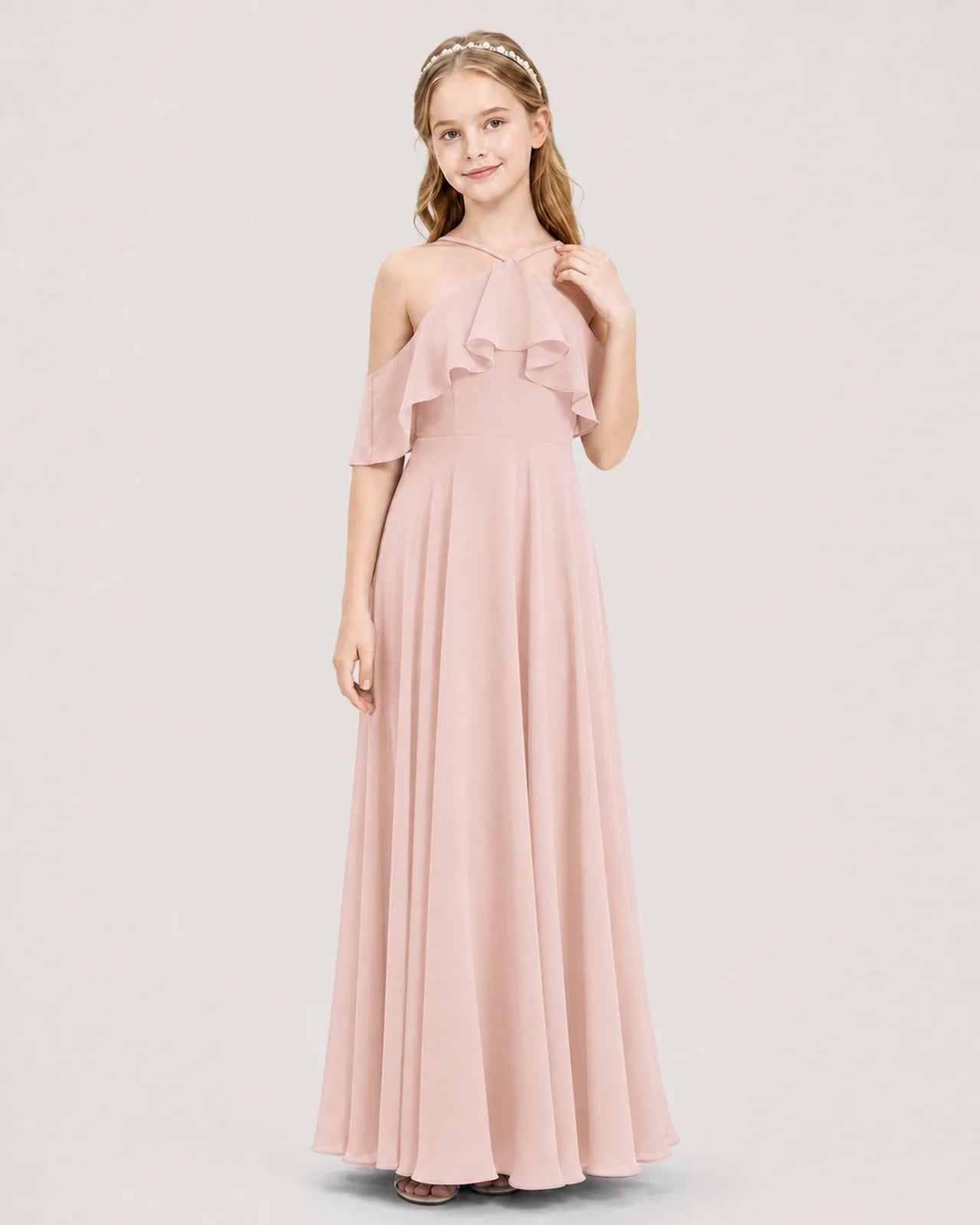 Blush Pink Chiffon Cold Shoulder A-Line Junior Bridesmaid Dresses Front View