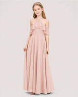 Blush pink chiffon cold shoulder halter junior bridesmaid dress Side View