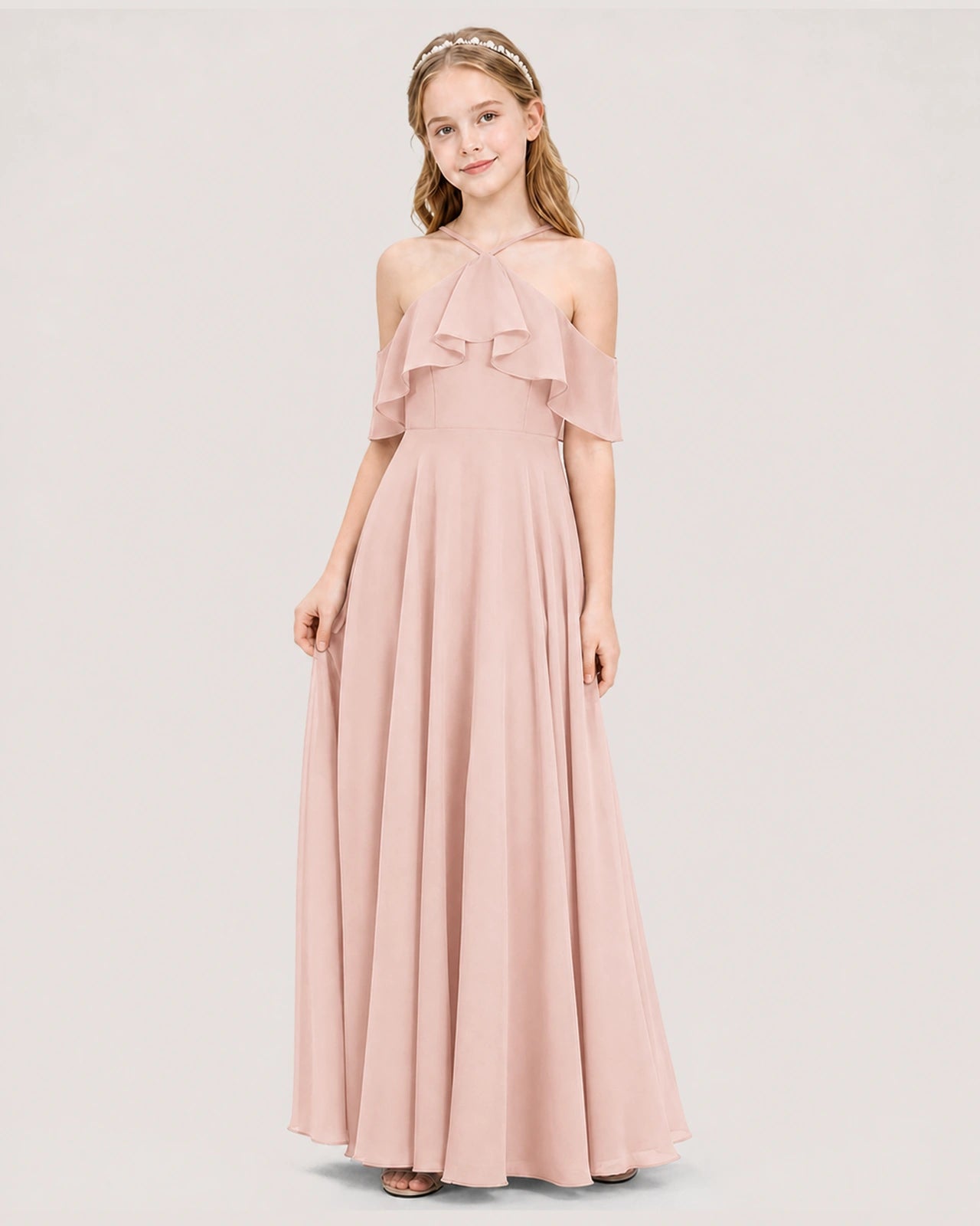 Blush pink chiffon cold shoulder halter junior bridesmaid dress Side View