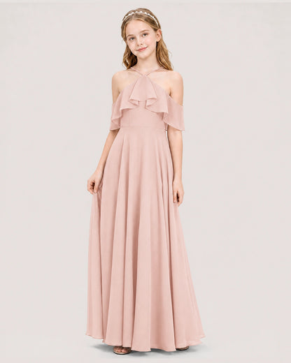 Blush pink chiffon cold shoulder halter junior bridesmaid dress Side View