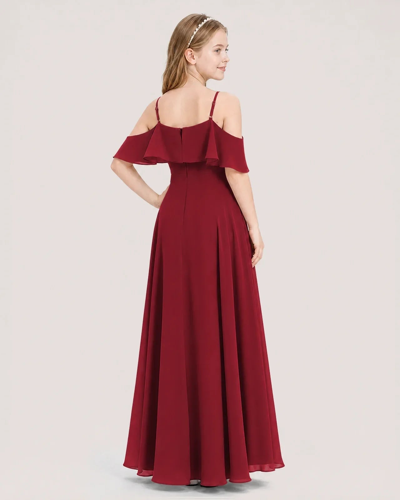 Burgundy Chiffon Cold Shoulder Junior Bridesmaid Dresses Back View