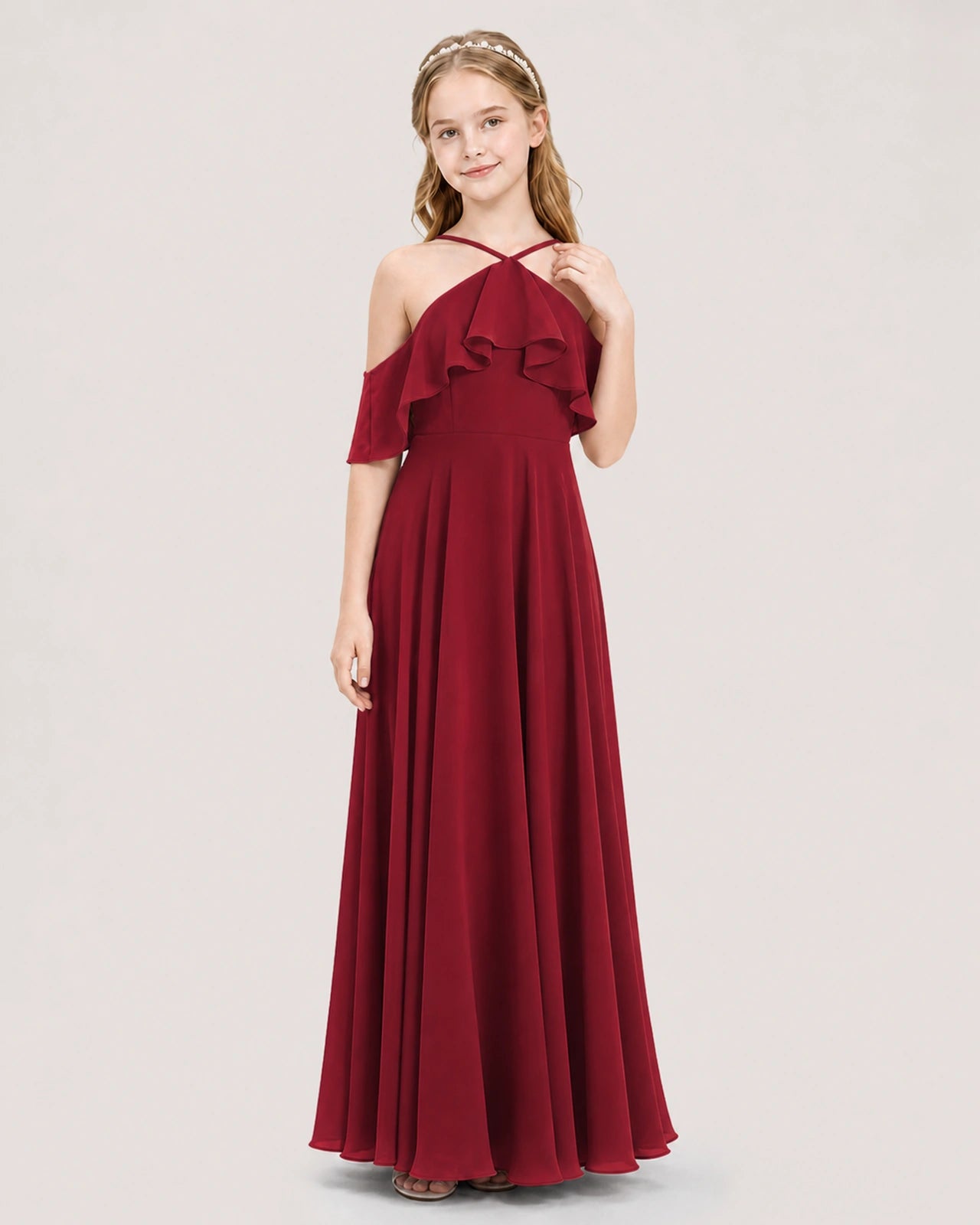 Burgundy Chiffon Halter Cold Shoulder Junior Bridesmaid Dresses Front View