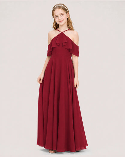 Burgundy Chiffon Halter Cold Shoulder Junior Bridesmaid Dresses Side View