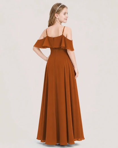 Burnt Orange Chiffon Cold Shoulder Junior Bridesmaid Dresses Back View