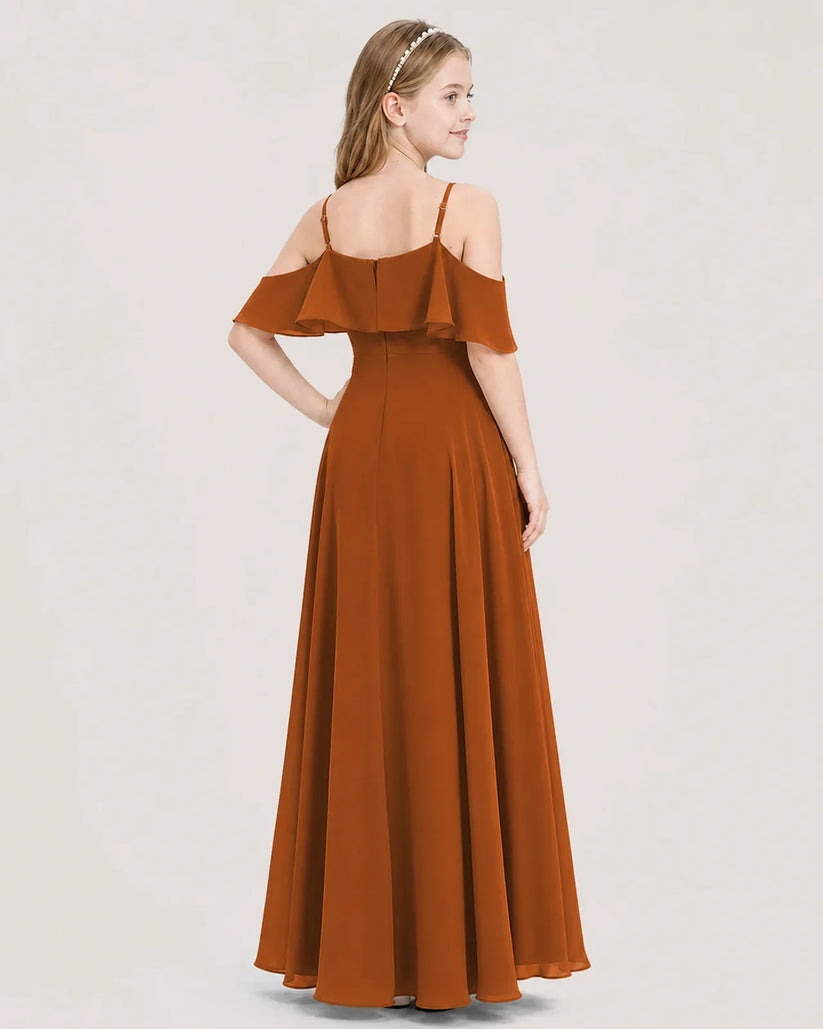 Burnt Orange Chiffon Cold Shoulder Junior Bridesmaid Dresses Back View