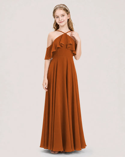 Burnt Orange Chiffon Halter Ruffle Junior Bridesmaid Dresses Front View