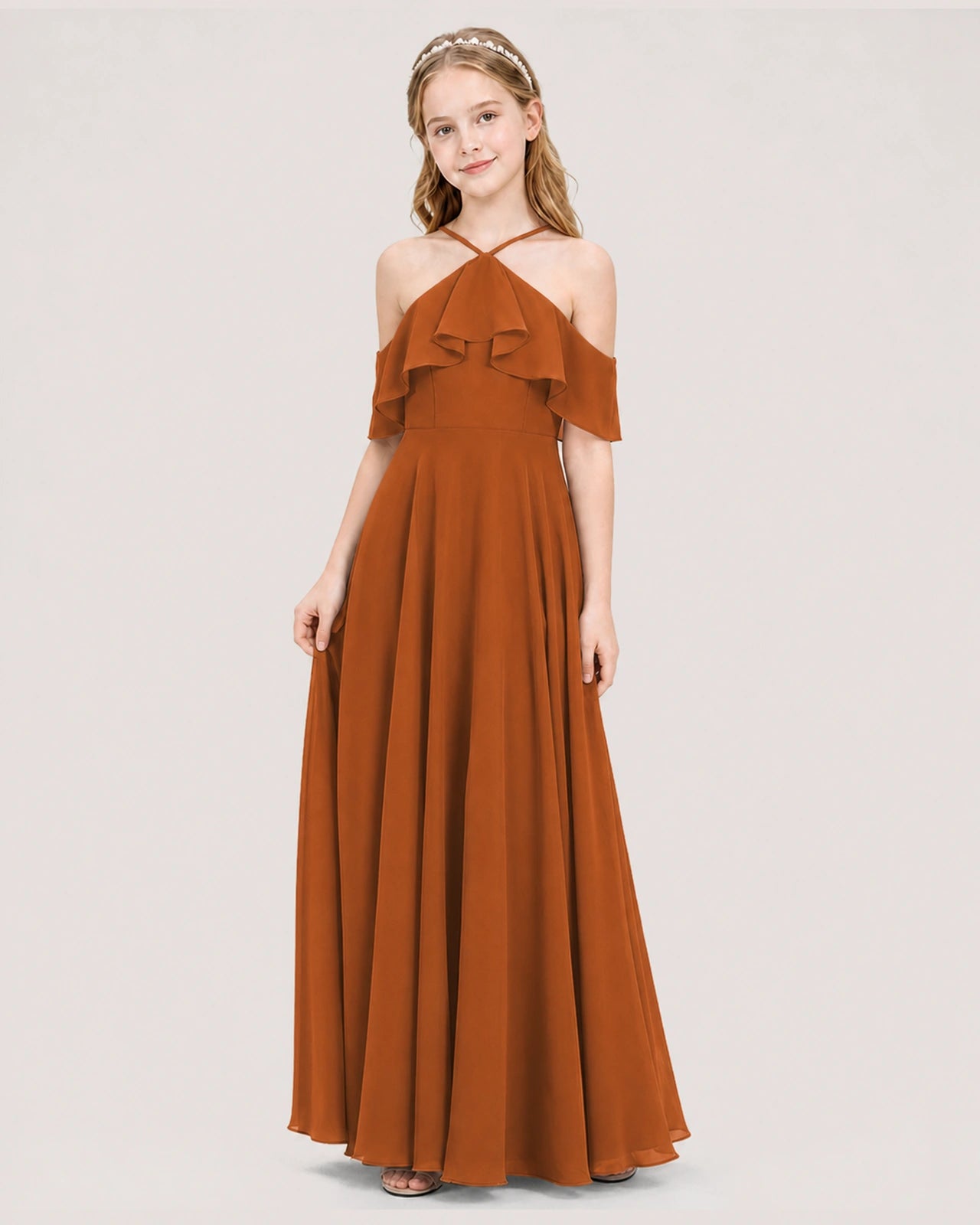 Burnt Orange Chiffon Halter Cold Shoulder Junior Bridesmaid Dresses Side View