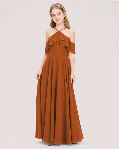 Burnt Orange Chiffon Halter Cold Shoulder Junior Bridesmaid Dresses Side View