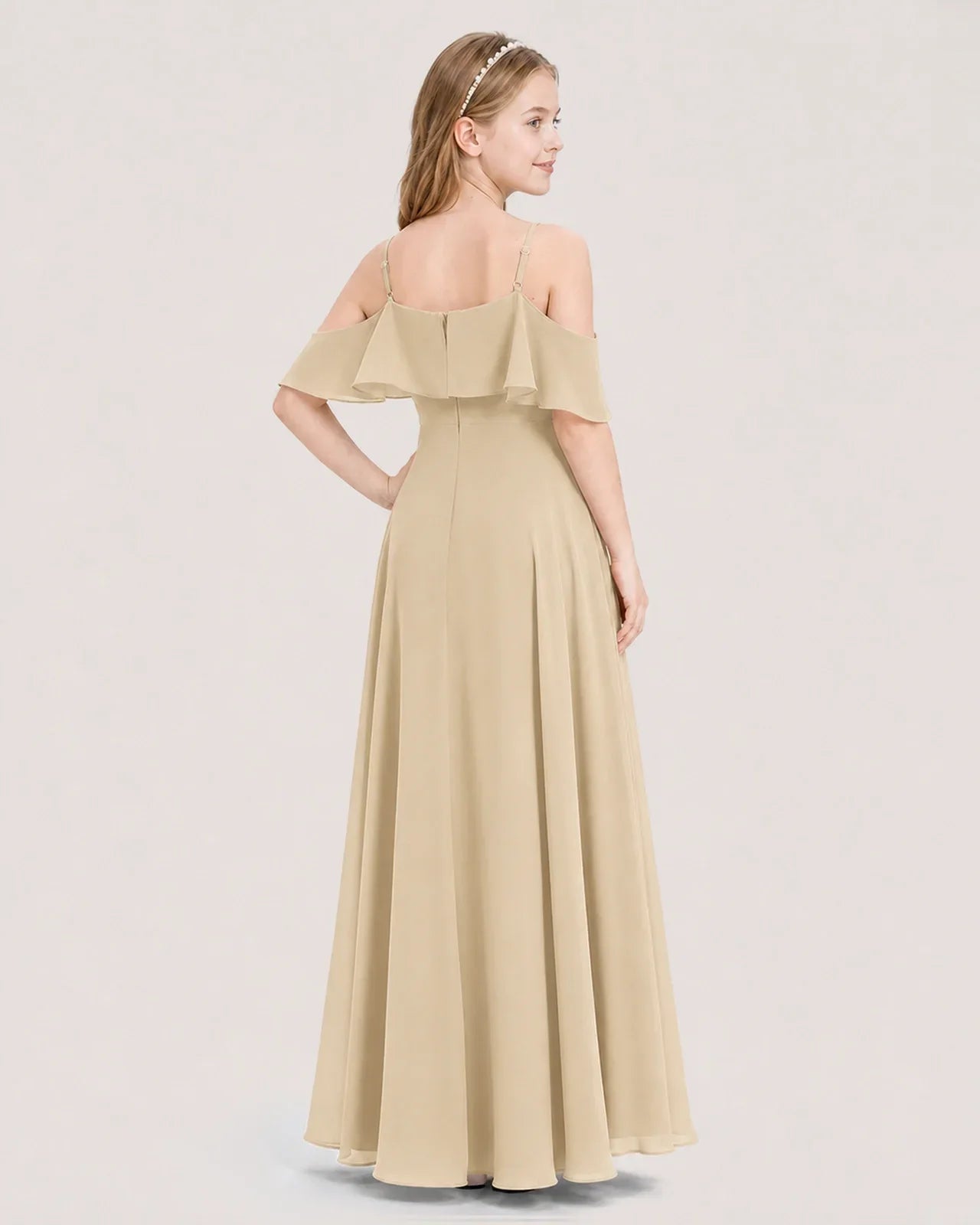 Champagne Chiffon Cold Shoulder A-Line Junior Bridesmaid Dress Back View