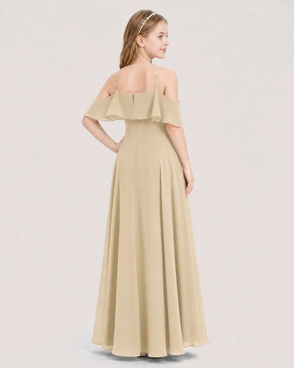 Champagne Chiffon Cold Shoulder A-Line Junior Bridesmaid Dress Back View