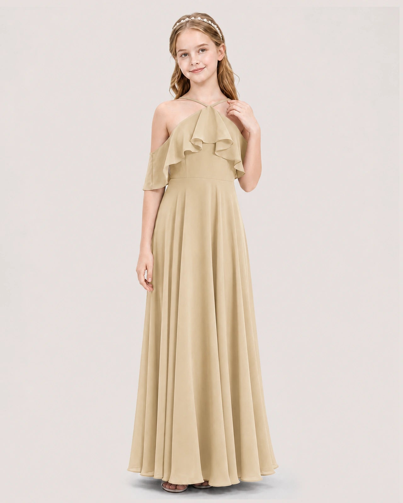 Champagne chiffon cold-shoulder ruffle junior bridesmaid dress Front View