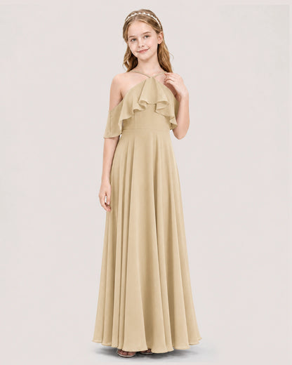 Champagne chiffon cold-shoulder ruffle junior bridesmaid dress Front View