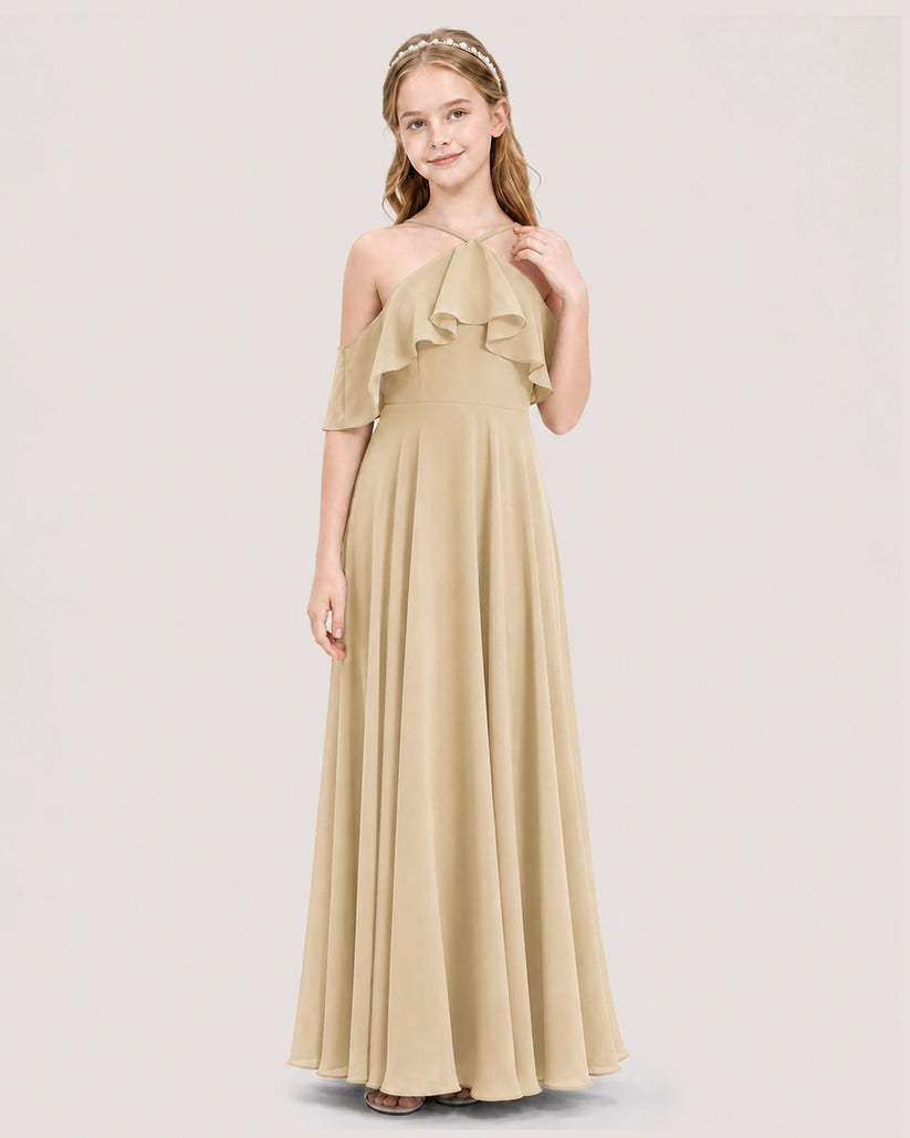 Champagne chiffon cold-shoulder ruffle junior bridesmaid dress Front View