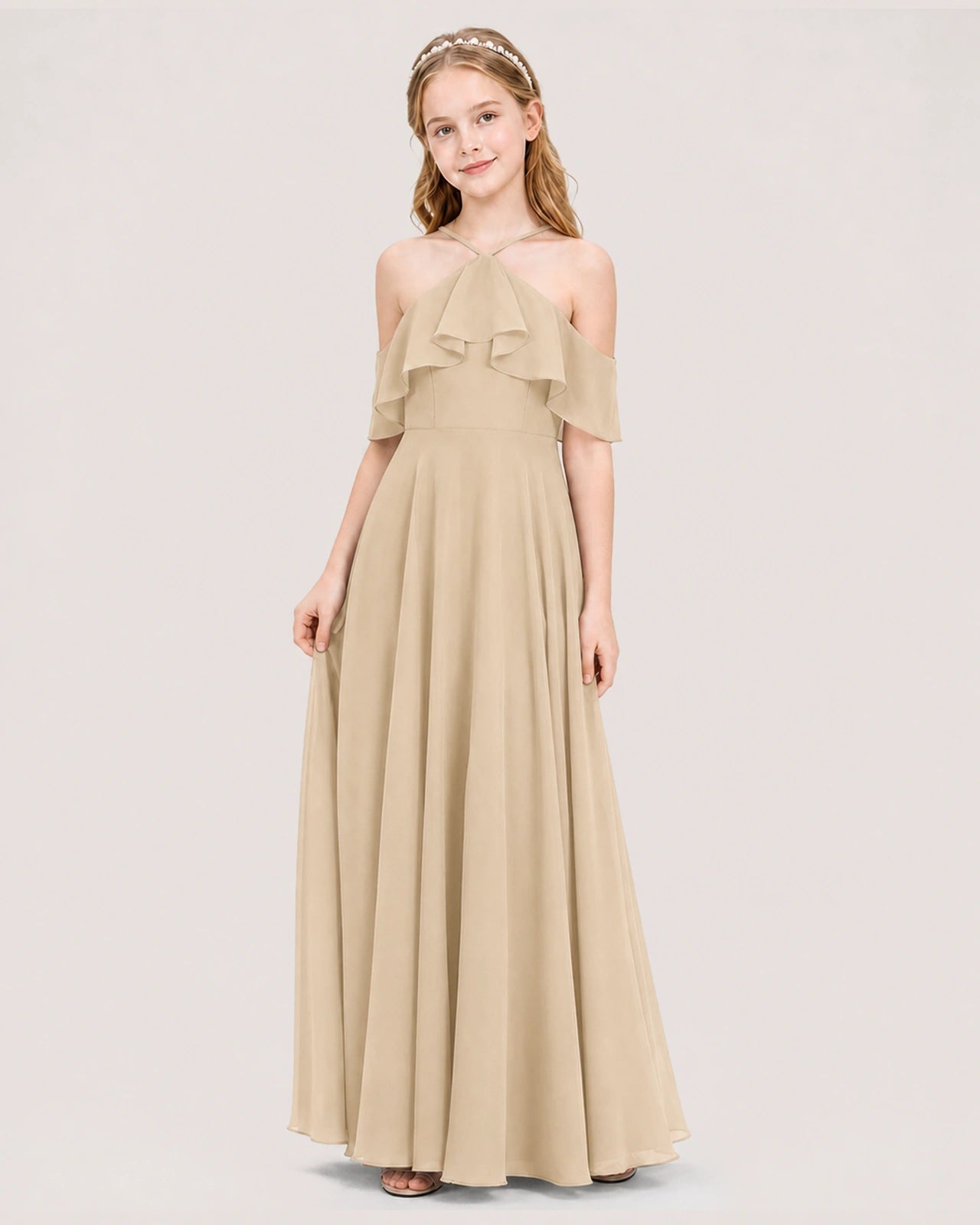 Champagne Chiffon Cold Shoulder Junior Bridesmaid Dresses Side View