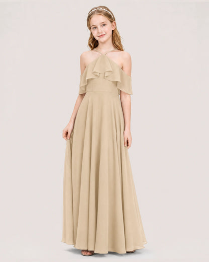 Champagne Chiffon Cold Shoulder Junior Bridesmaid Dresses Side View