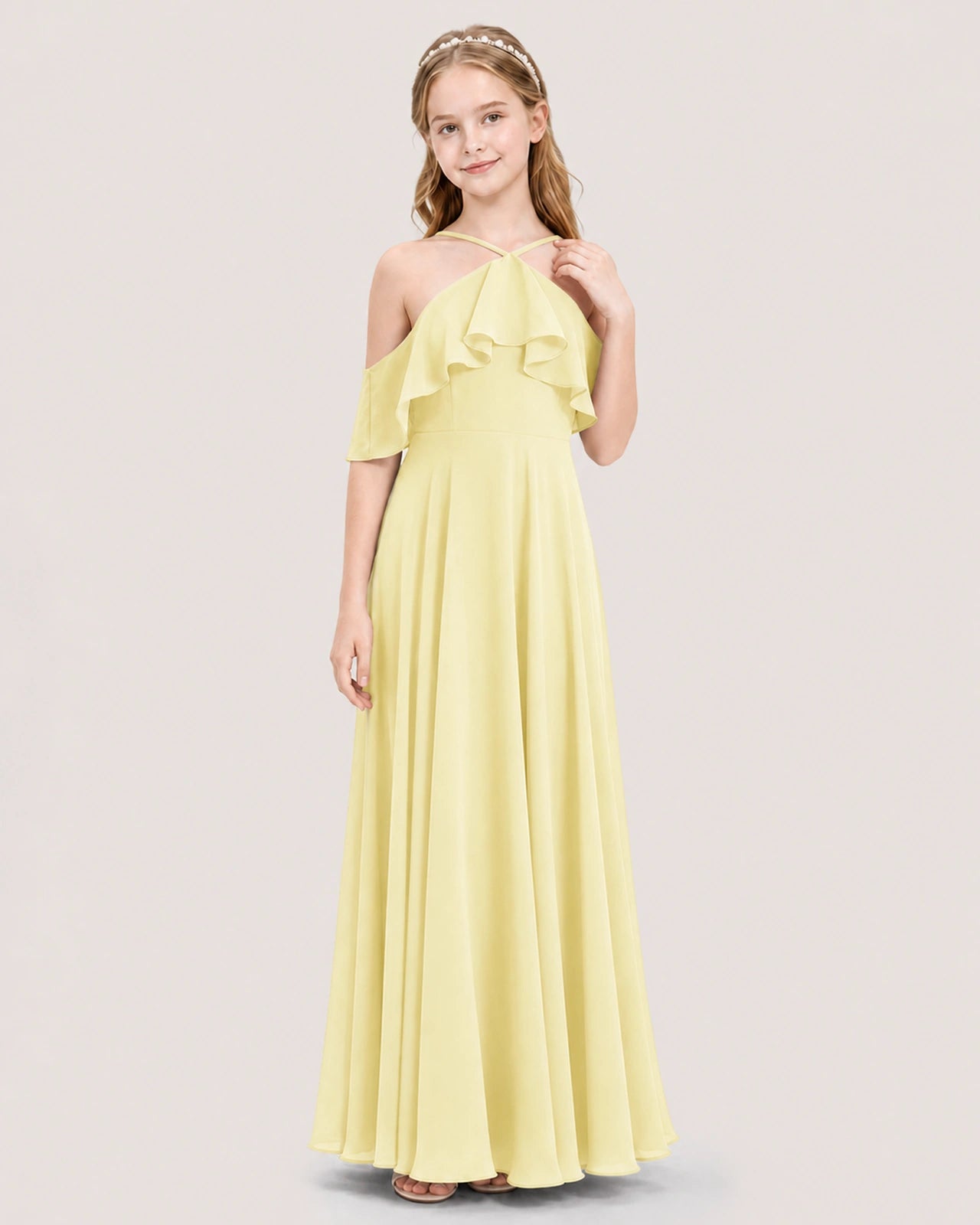 Daffodil Chiffon Ruffled Halter Junior Bridesmaid Dresses Front View