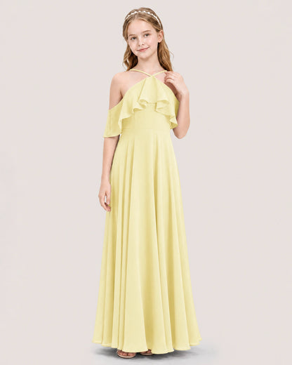 Daffodil Chiffon Ruffled Halter Junior Bridesmaid Dresses Front View