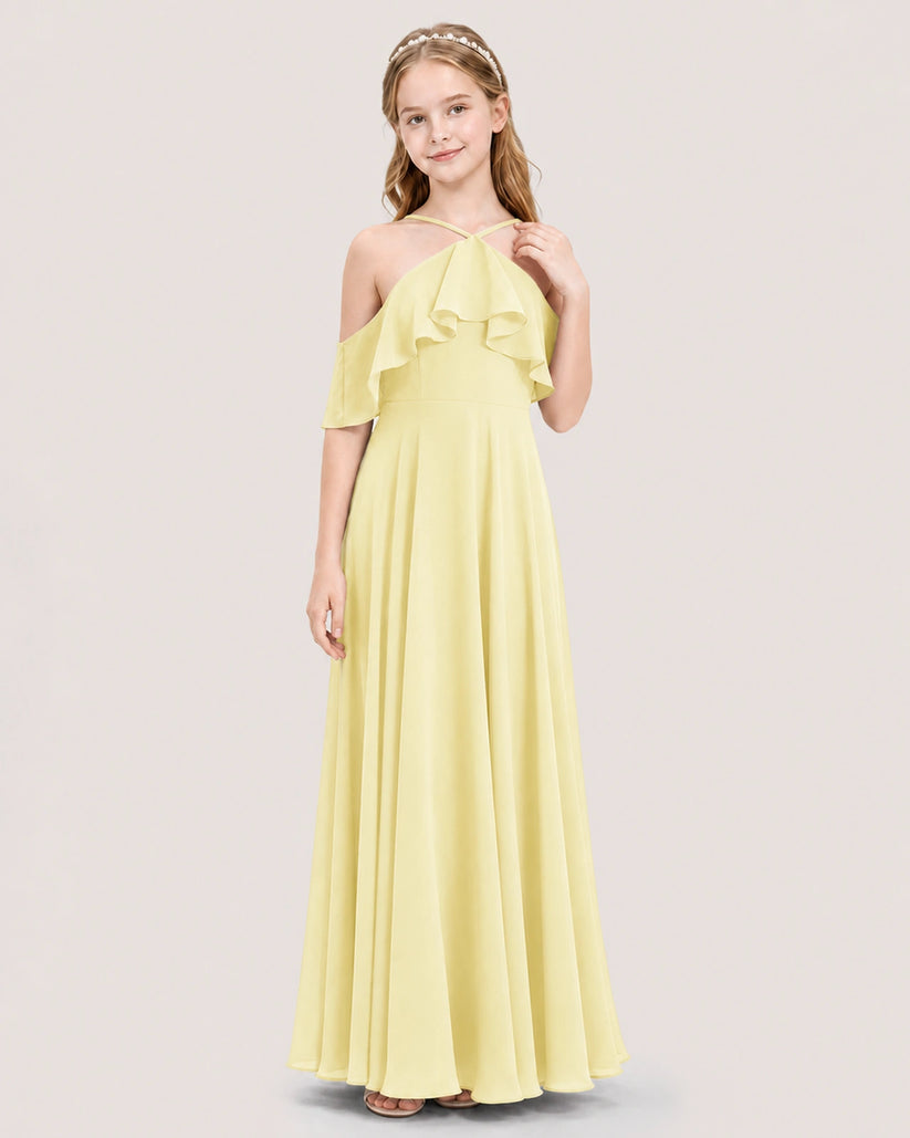 Daffodil Chiffon Ruffled Halter Junior Bridesmaid Dresses Front View