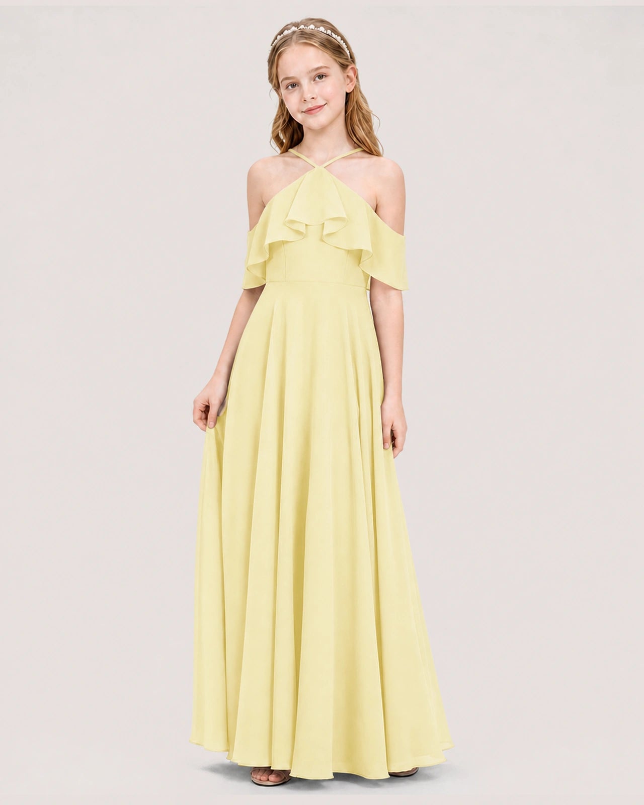 Daffodil Chiffon Cold Shoulder A-Line Junior Bridesmaid Dresses Side View