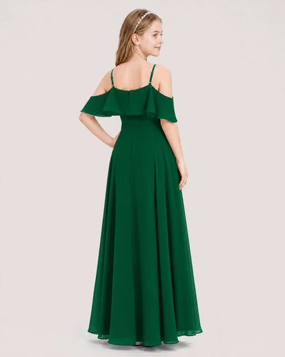 Dark Green Chiffon Cold Shoulder A-Line Junior Bridesmaid Dresses Back View