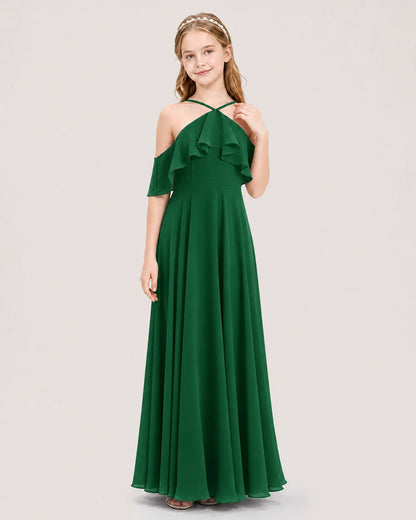 Dark Green Chiffon Cold Shoulder Junior Bridesmaid Dresses Front View