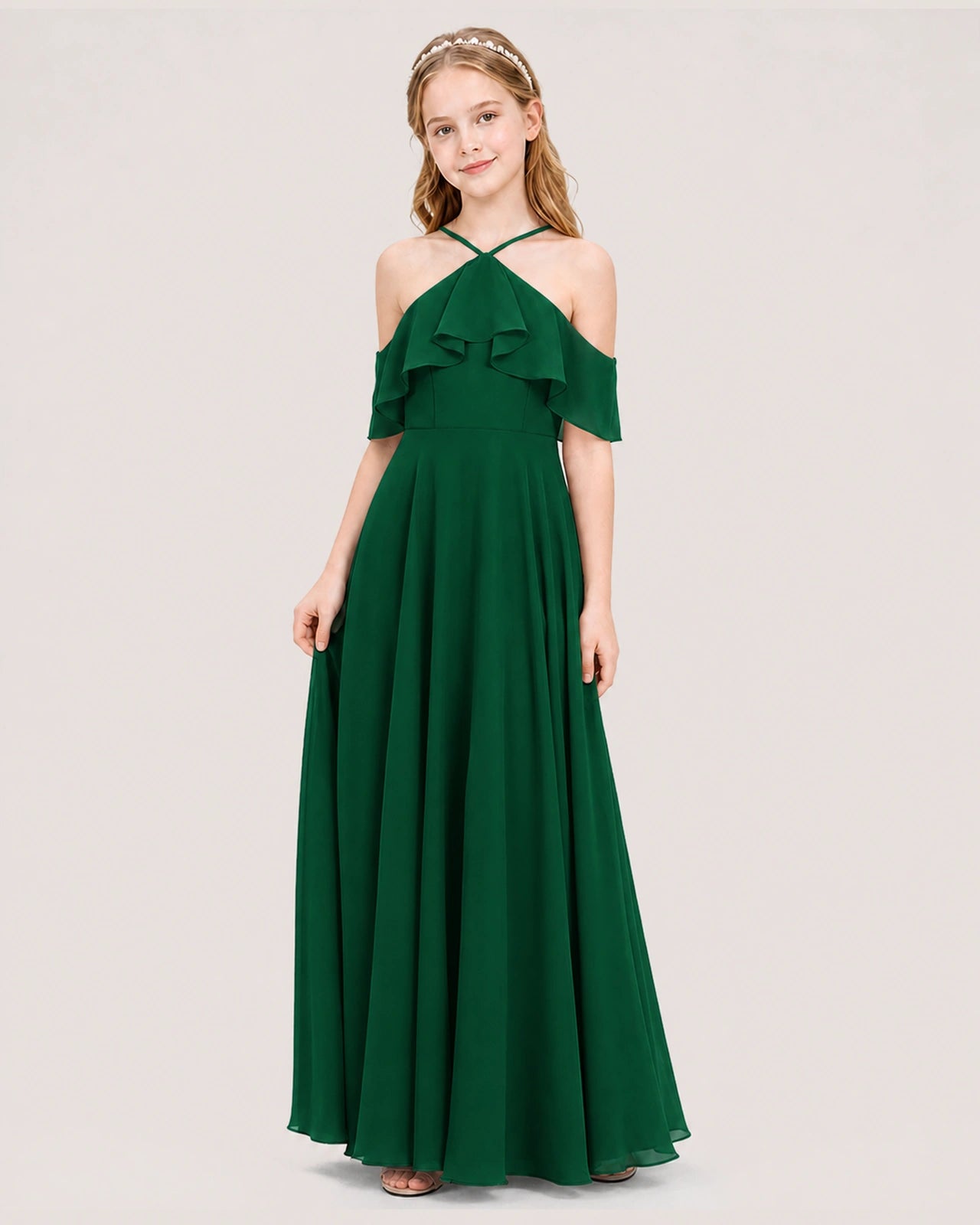 Dark Green Chiffon Halter Cold Shoulder Junior Bridesmaid Dresses Side View