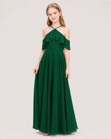 Dark Green Chiffon Halter Cold Shoulder Junior Bridesmaid Dresses Side View