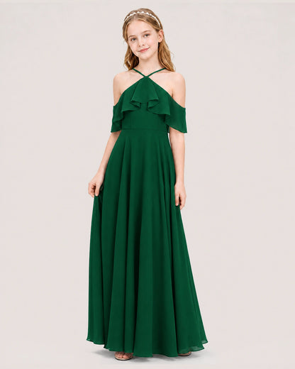 Dark Green Chiffon Halter Cold Shoulder Junior Bridesmaid Dresses Side View