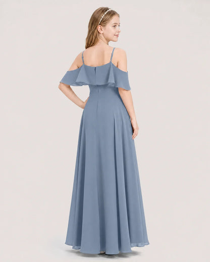 Dusty Blue Chiffon Ruffle Cold Shoulder Junior Bridesmaid Dresses Back View