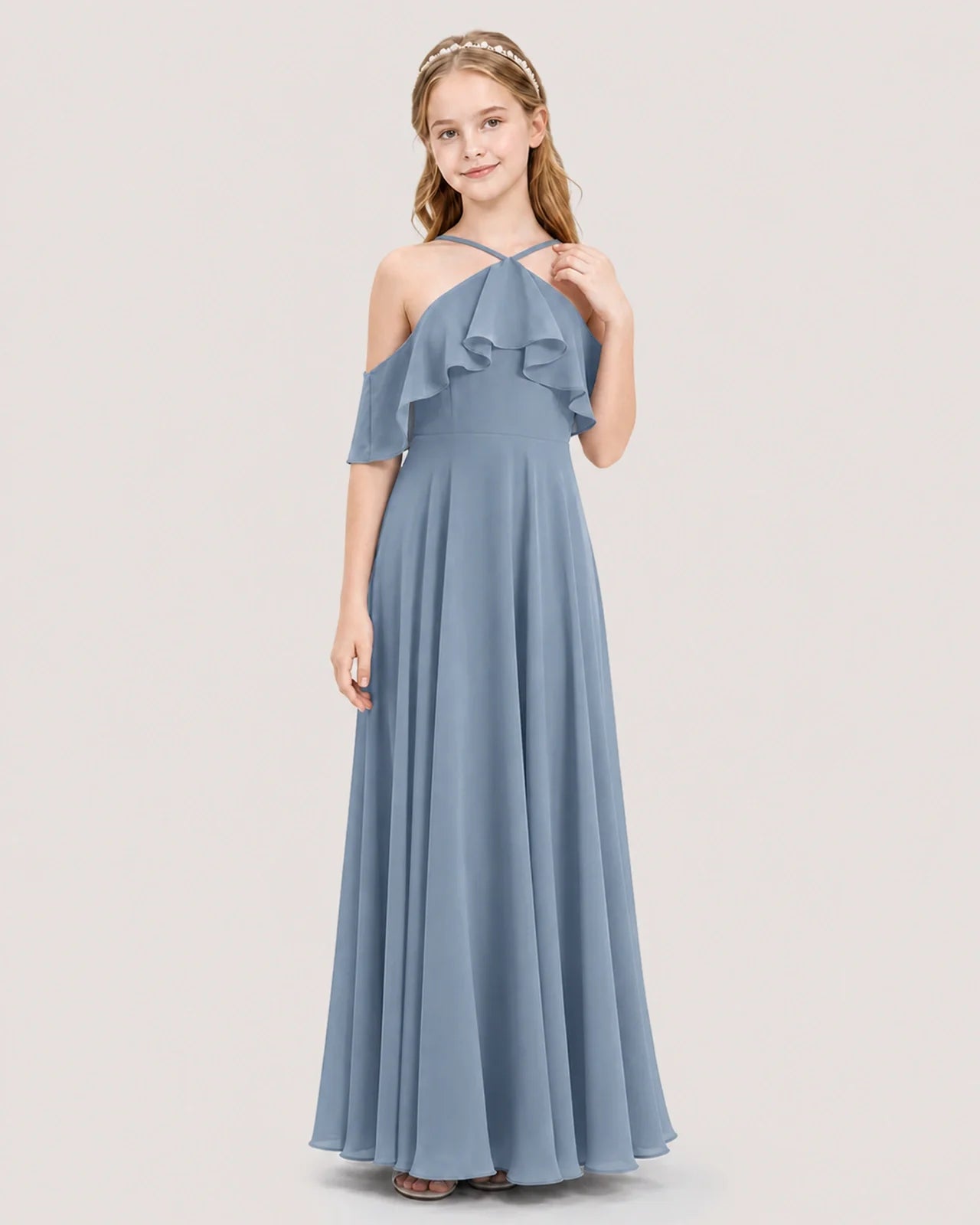 Dusty Blue Chiffon Ruffled Halter Junior Bridesmaid Dresses Front View