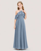 Dusty Blue Chiffon Ruffled Halter Junior Bridesmaid Dresses Front View