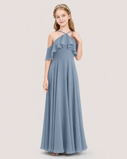 Dusty Blue Chiffon Ruffled Halter Junior Bridesmaid Dresses Front View