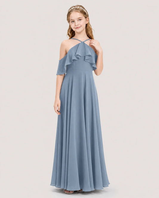 Dusty Blue Chiffon Ruffled Halter Junior Bridesmaid Dresses Front View