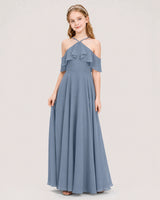 Dusty Blue Chiffon Cold Shoulder Junior Bridesmaid Dresses Side View