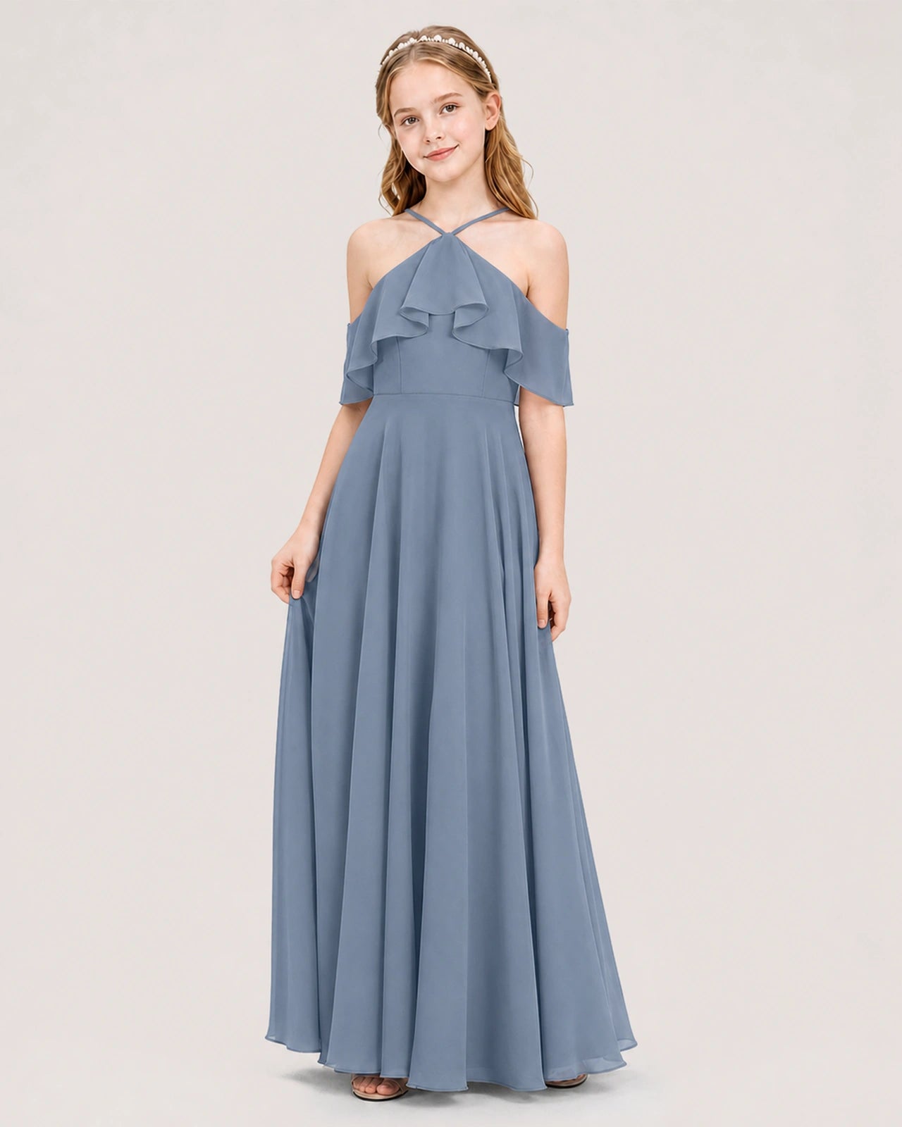 Dusty Blue Chiffon Cold Shoulder Junior Bridesmaid Dresses Side View